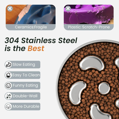 304 Stainless Steel Slow-Feeder Dog Bowl with Non-Slip Base