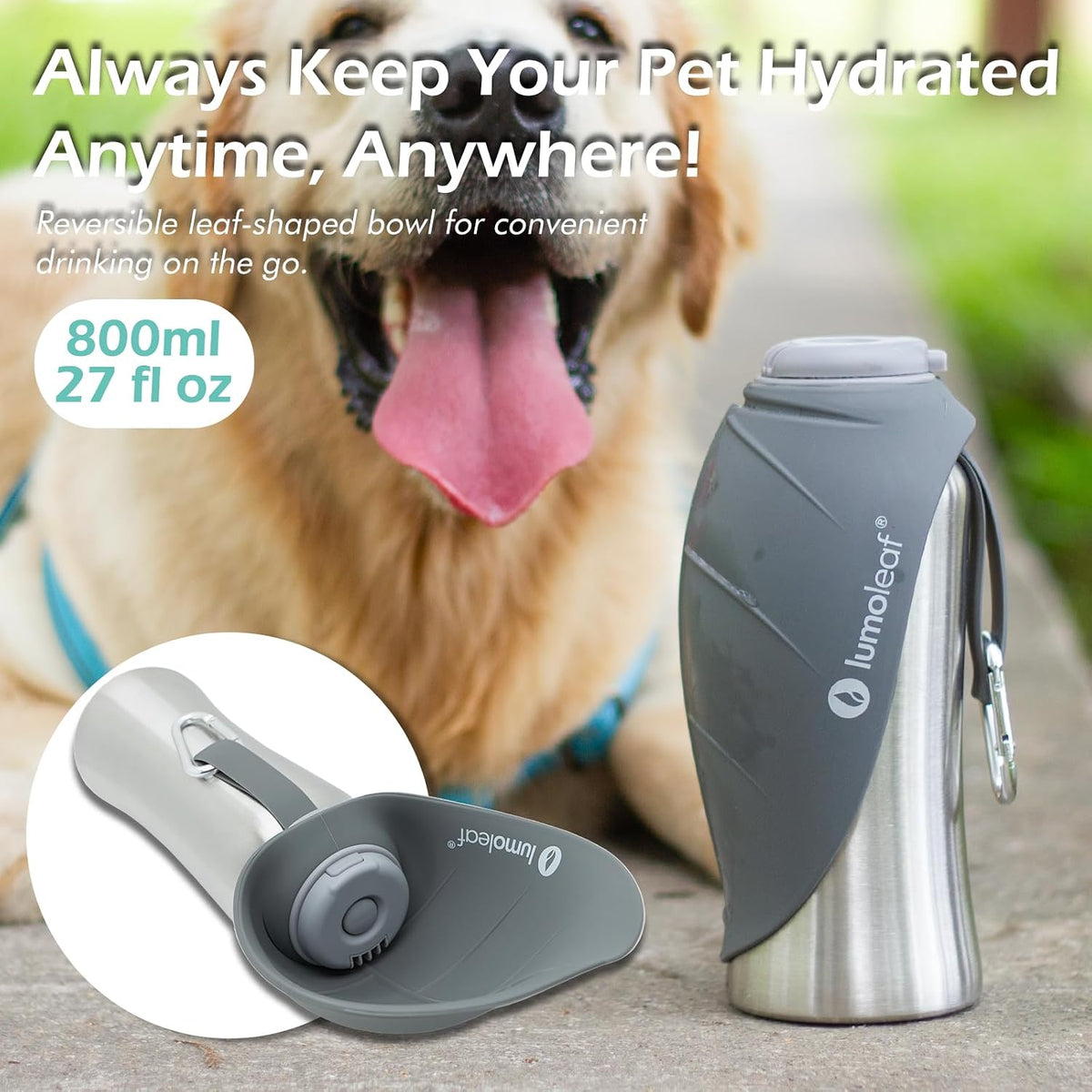 27 oz Stainless Steel Dog Water Bottle with Built-In Bowl