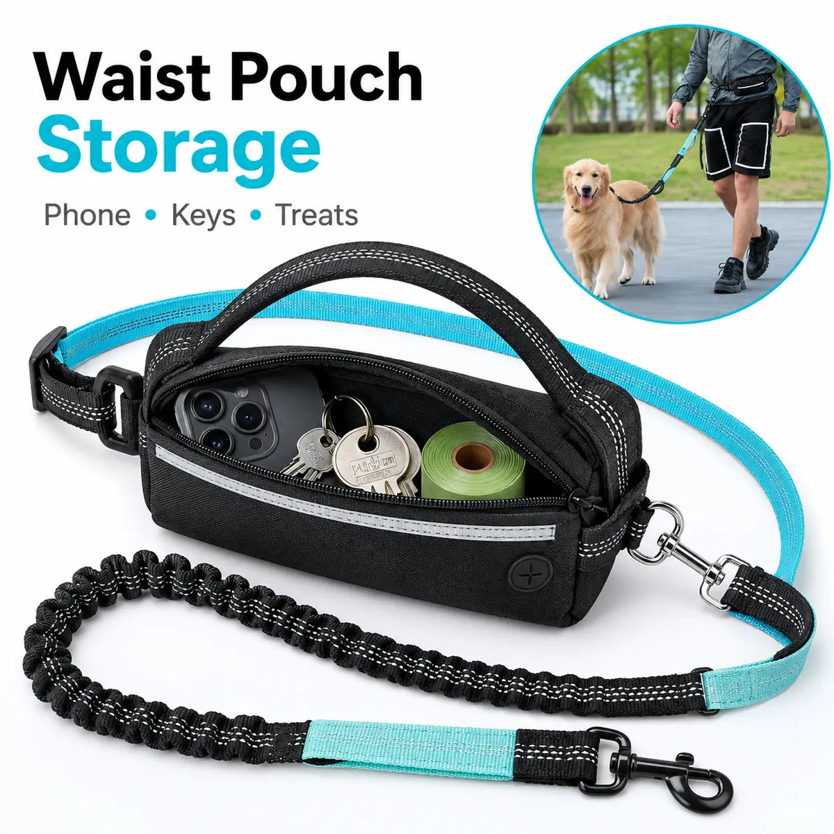 Hands-Free Waist Dog Leash with Dual Shock Absorbers and Reflective Trim