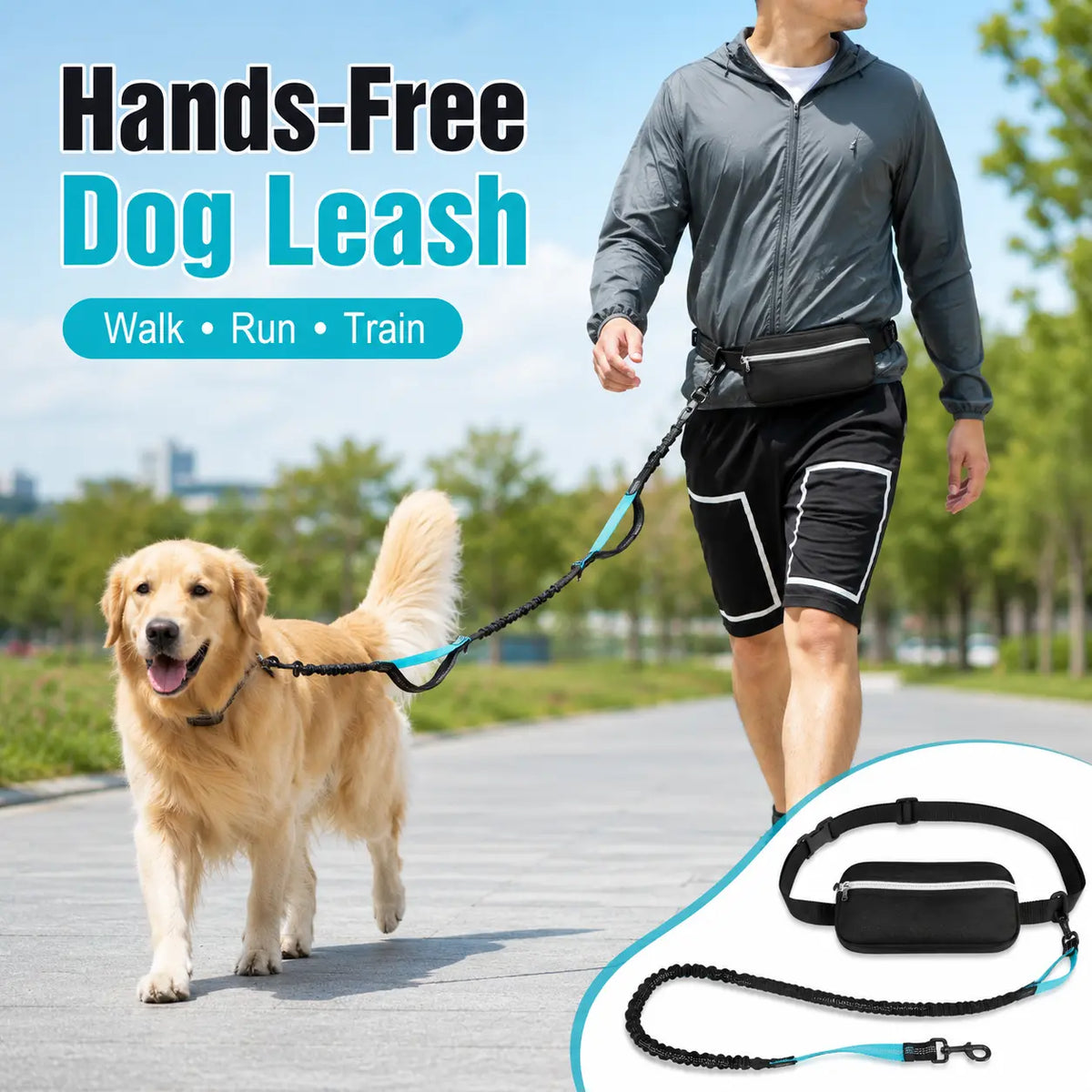 Hands-Free Waist Dog Leash with Dual Shock Absorbers and Reflective Trim