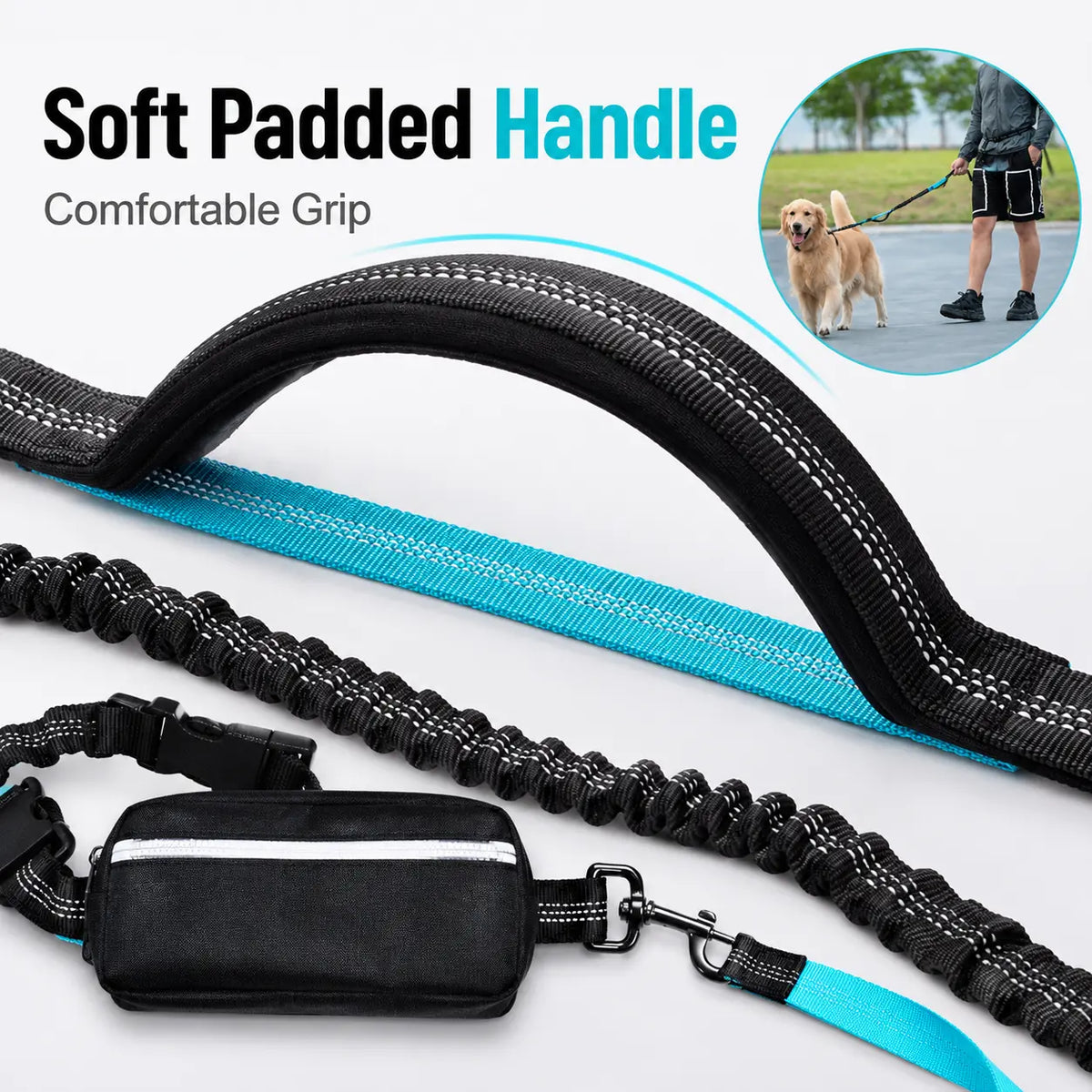 Hands-Free Waist Dog Leash with Dual Shock Absorbers and Reflective Trim