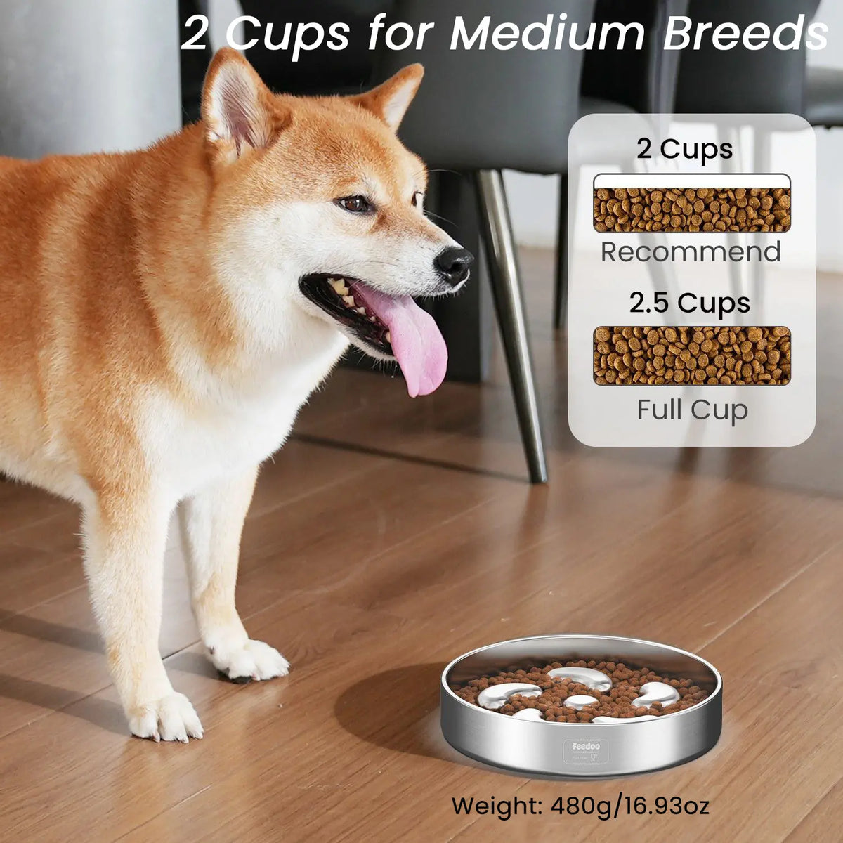 304 Stainless Steel Slow-Feeder Dog Bowl with Non-Slip Base